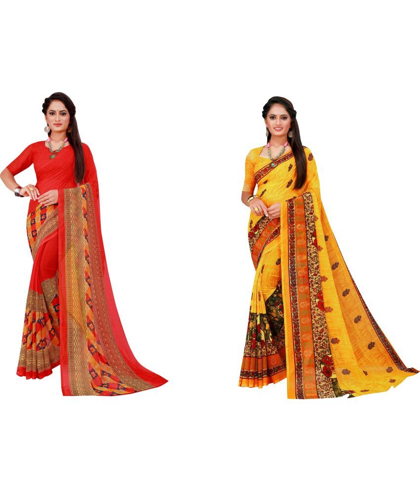     			Vkaran Cotton Silk Printed Saree With Blouse Piece - Multicolor ( Pack of 2 )