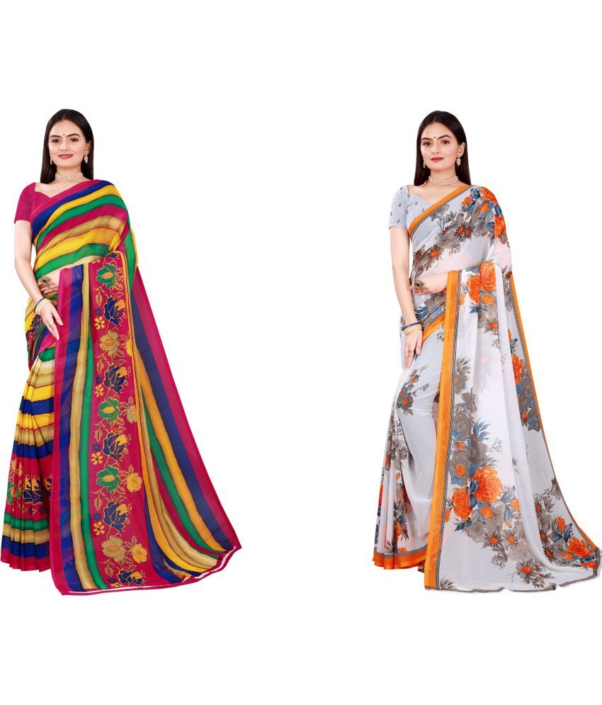     			Vkaran Cotton Silk Printed Saree With Blouse Piece - Multicolor ( Pack of 2 )