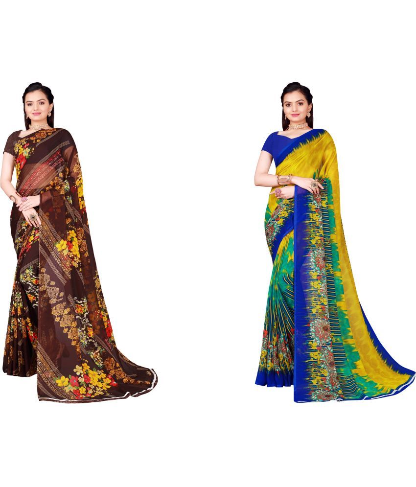     			Vkaran Cotton Silk Printed Saree With Blouse Piece - Multicolor ( Pack of 2 )