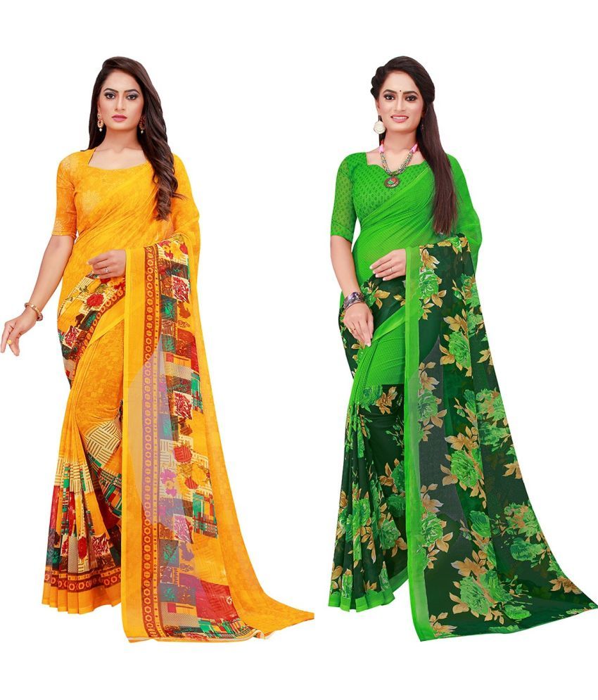     			Vkaran Cotton Silk Printed Saree With Blouse Piece - Multicolor ( Pack of 2 )