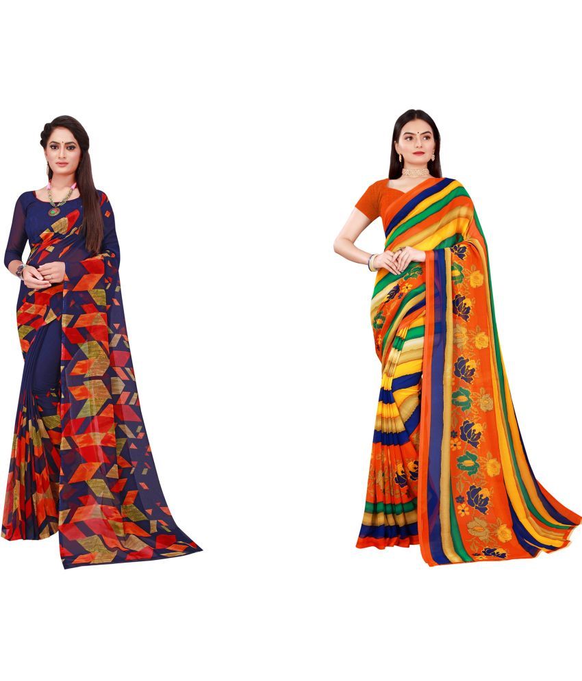     			Vkaran Cotton Silk Printed Saree With Blouse Piece - Multicolor ( Pack of 2 )