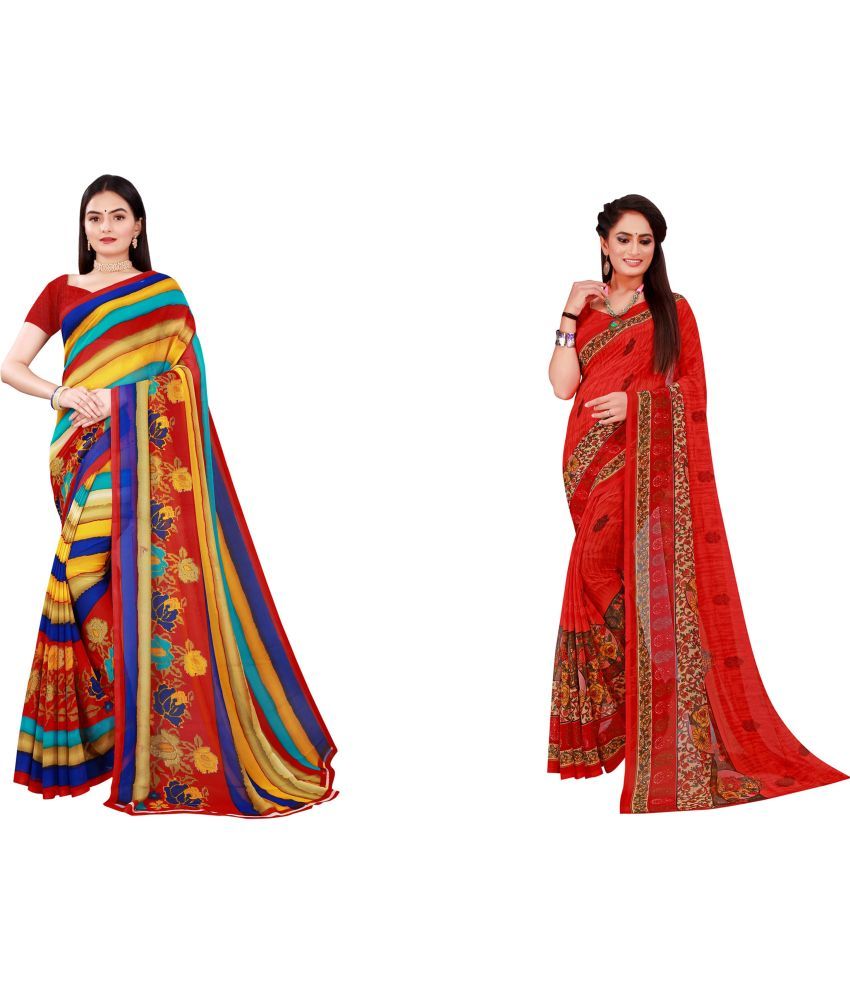     			Vkaran Cotton Silk Printed Saree With Blouse Piece - Multicolor ( Pack of 2 )