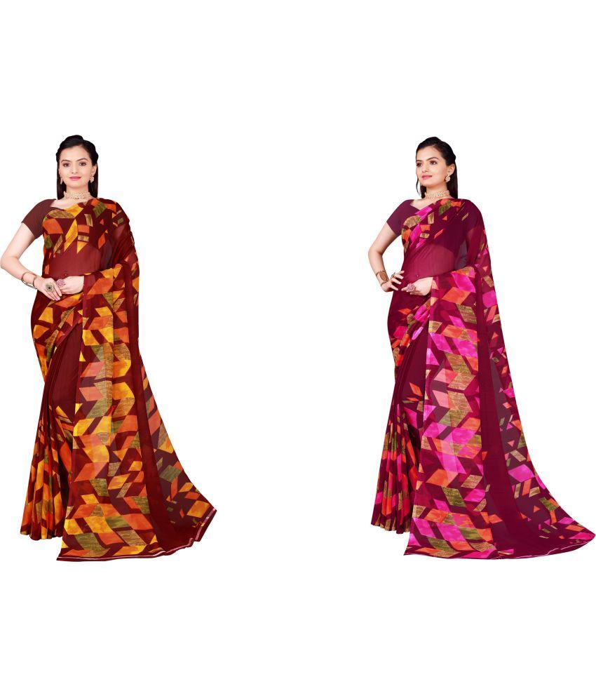     			Vkaran Cotton Silk Printed Saree With Blouse Piece - Multicolor ( Pack of 2 )