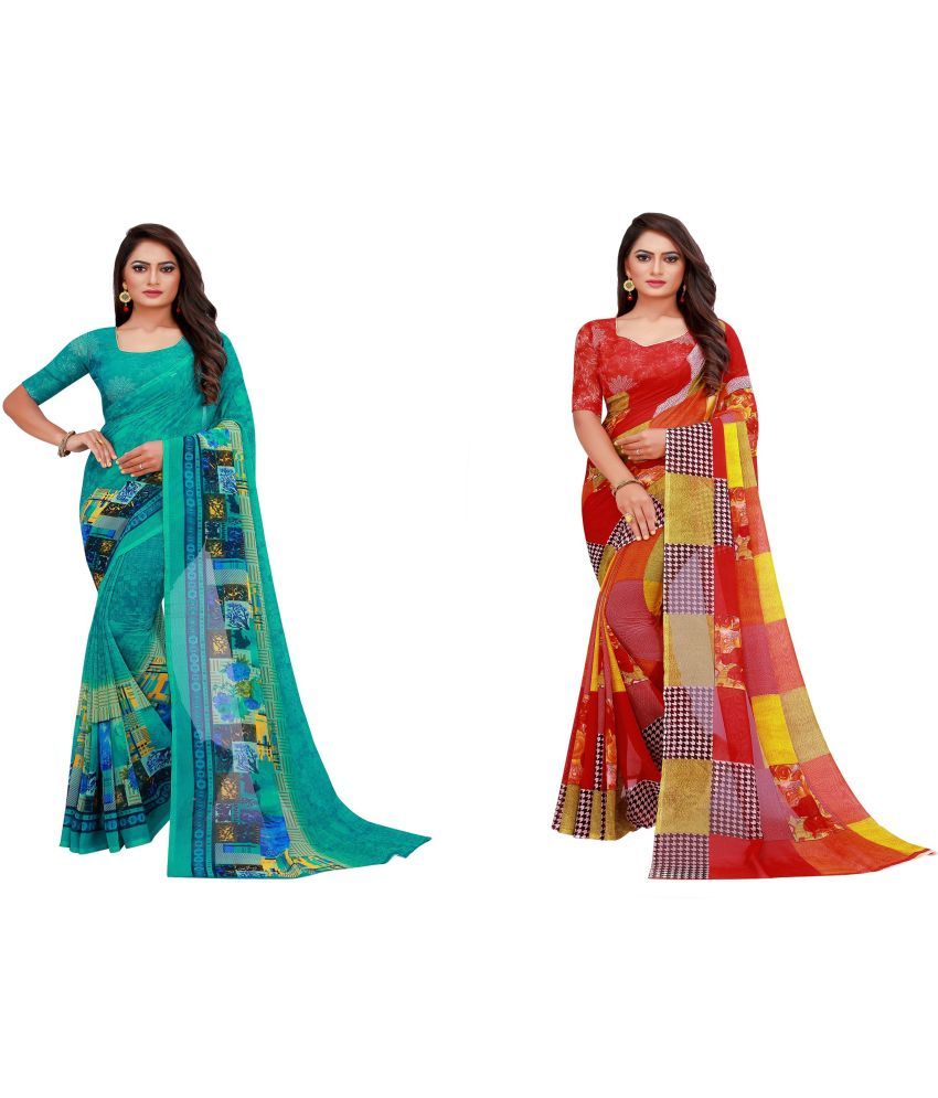     			Vkaran Cotton Silk Printed Saree With Blouse Piece - Multicolor ( Pack of 2 )