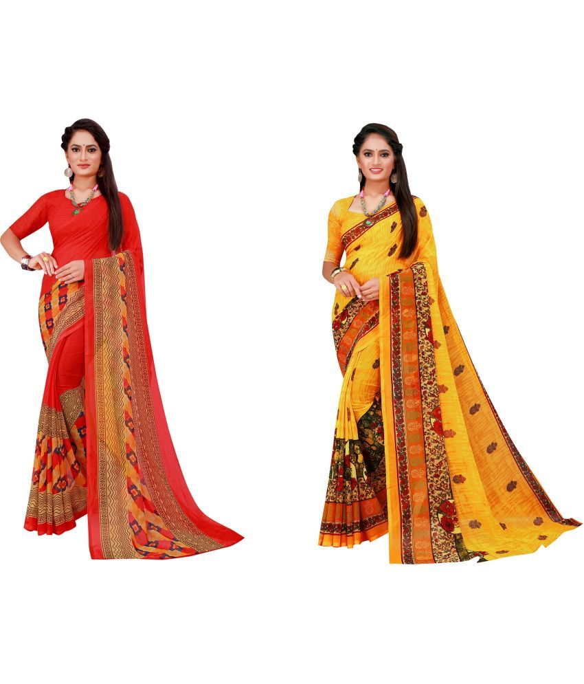     			Vkaran Cotton Silk Printed Saree With Blouse Piece - Multicolor ( Pack of 2 )