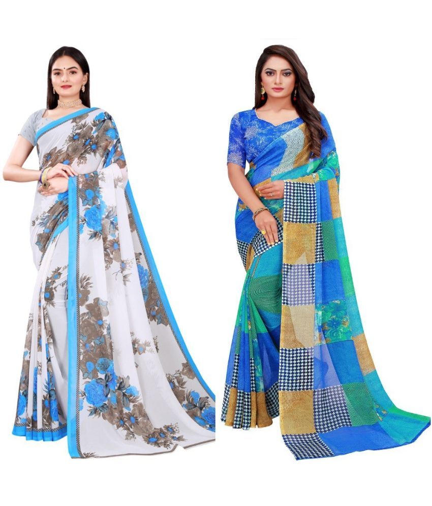     			Vkaran Cotton Silk Printed Saree With Blouse Piece - Multicolor ( Pack of 2 )