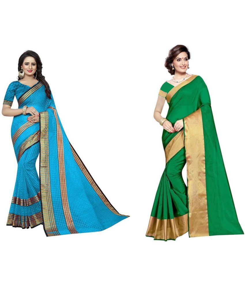     			Vkaran Cotton Silk Printed Saree With Blouse Piece - Multicolor ( Pack of 2 )