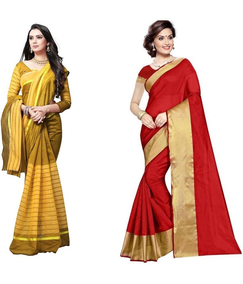     			Vkaran Cotton Silk Printed Saree With Blouse Piece - Multicolor ( Pack of 2 )