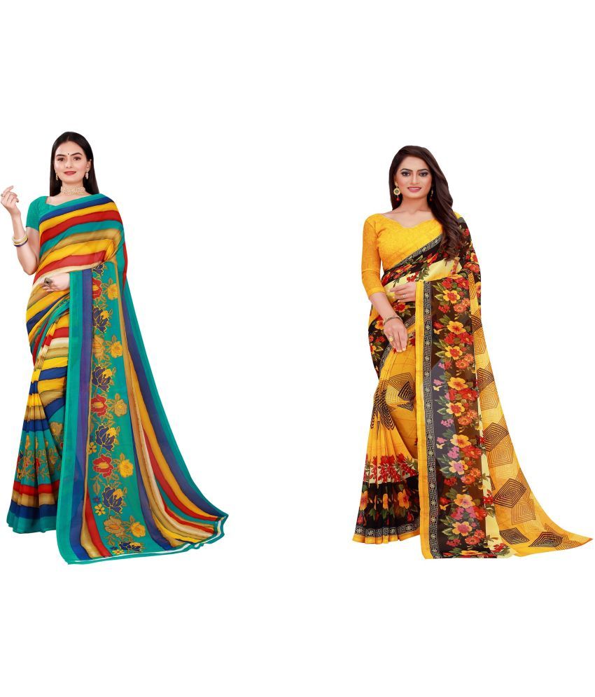     			Vkaran Cotton Silk Printed Saree With Blouse Piece - Multicolor ( Pack of 2 )