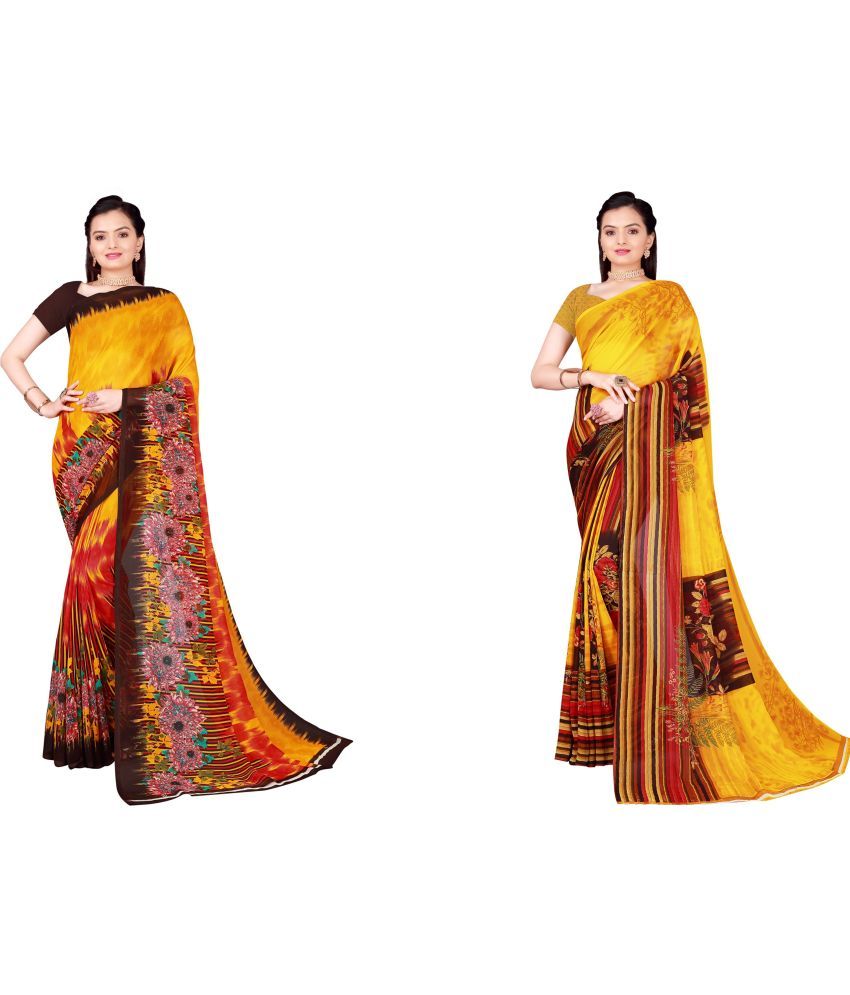     			Vkaran Cotton Silk Printed Saree With Blouse Piece - Multicolor ( Pack of 2 )