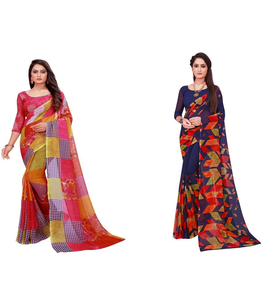     			Vkaran Cotton Silk Printed Saree With Blouse Piece - Multicolor ( Pack of 2 )