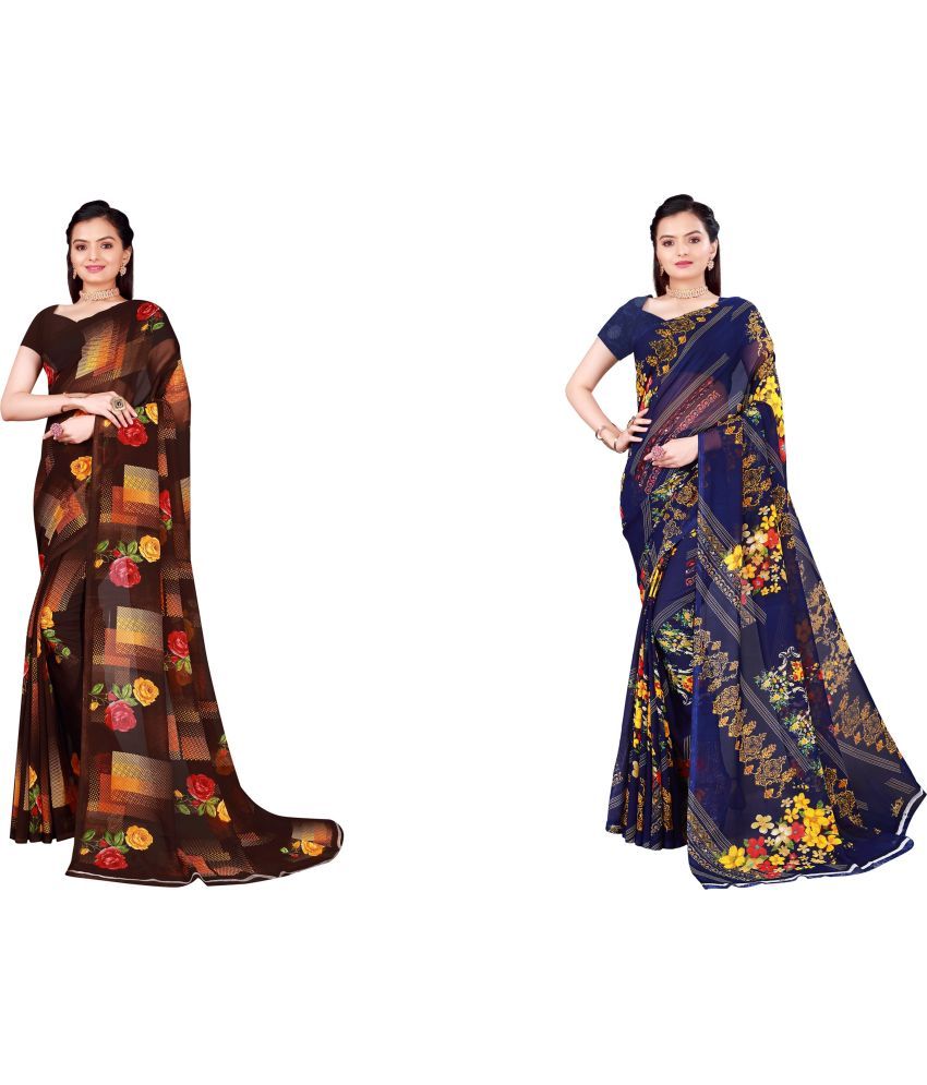     			Vkaran Cotton Silk Printed Saree With Blouse Piece - Multicolor ( Pack of 2 )