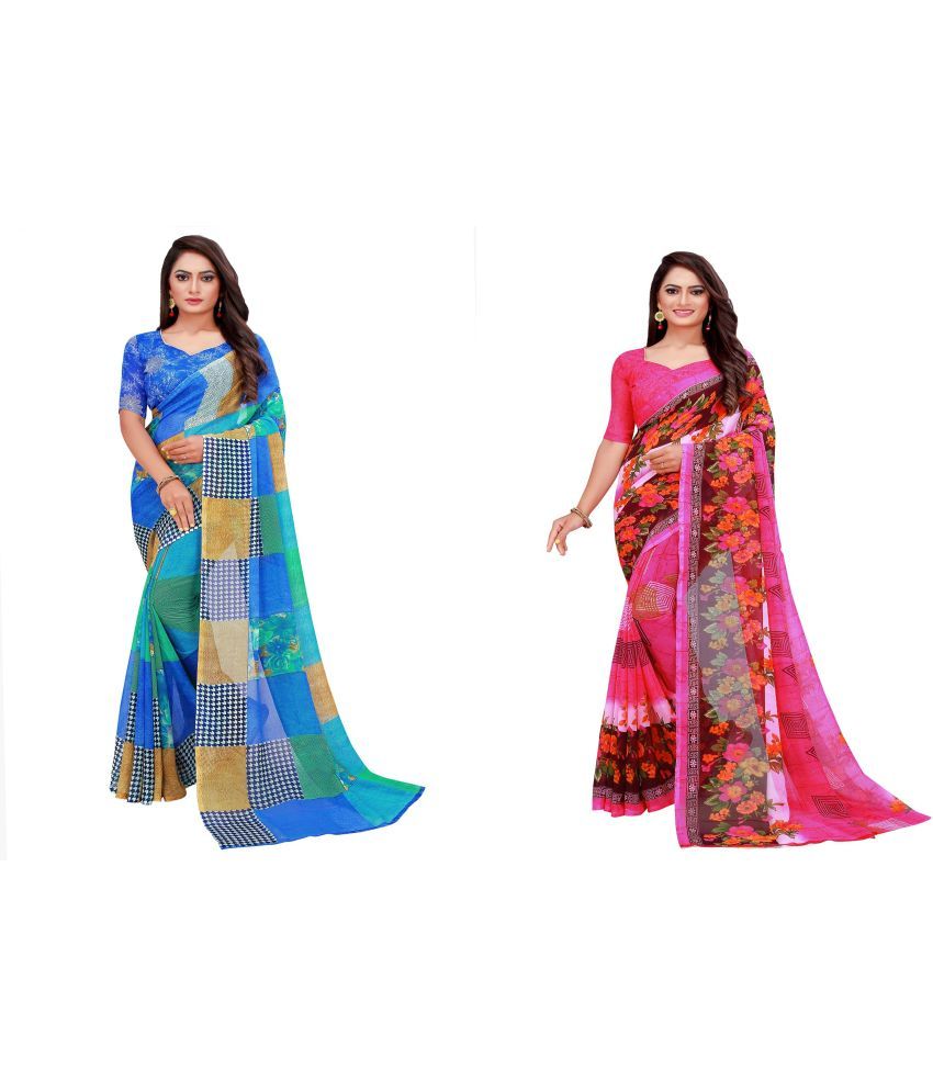     			Vkaran Cotton Silk Printed Saree With Blouse Piece - Multicolor ( Pack of 2 )