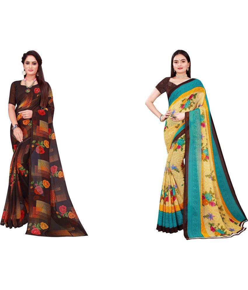     			Vkaran Cotton Silk Printed Saree With Blouse Piece - Multicolor ( Pack of 2 )