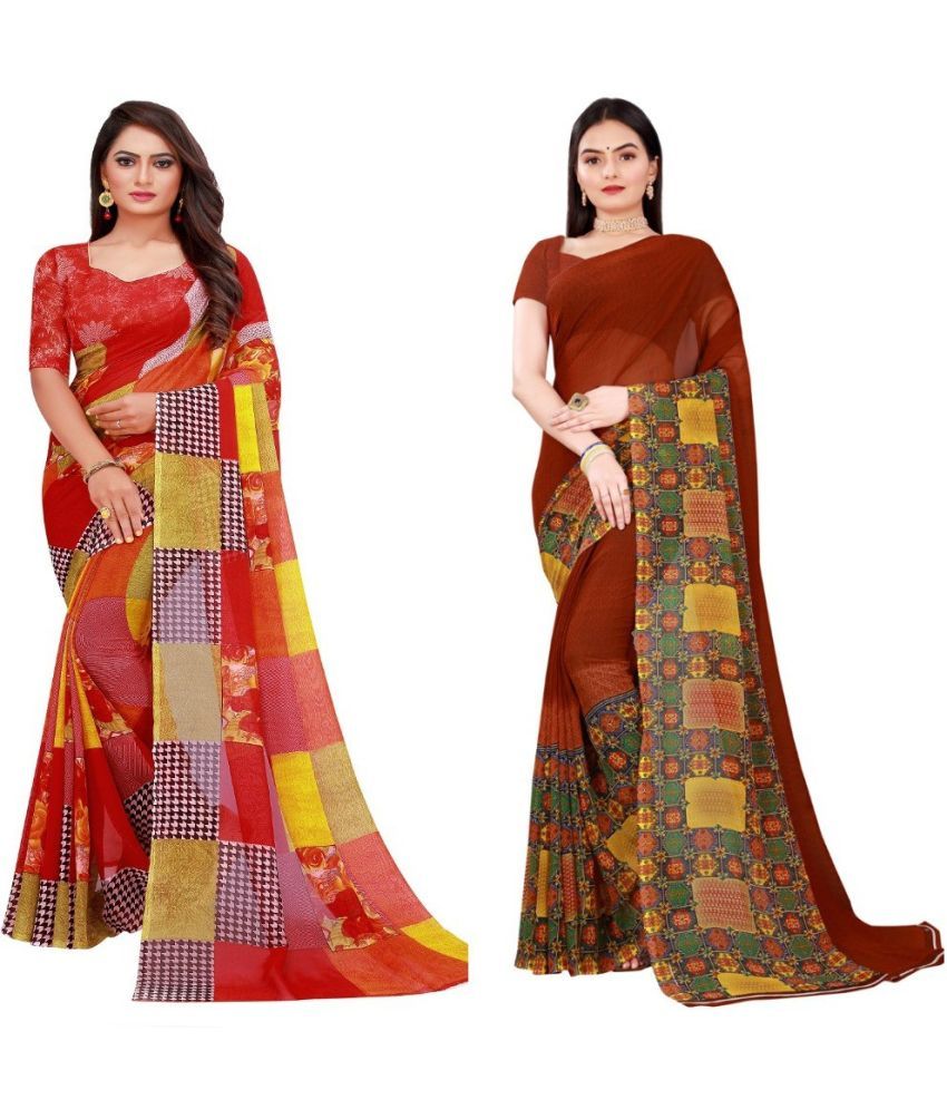     			Vkaran Cotton Silk Printed Saree With Blouse Piece - Multicolor ( Pack of 2 )