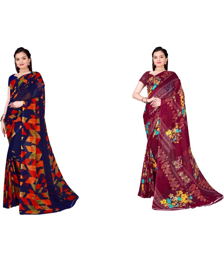     			Vkaran Cotton Silk Printed Saree With Blouse Piece - Multicolor ( Pack of 2 )