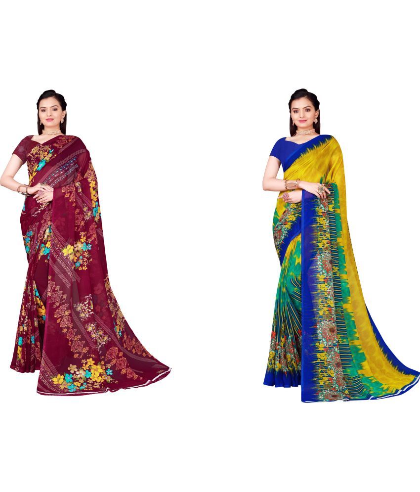     			Vkaran Cotton Silk Printed Saree With Blouse Piece - Multicolor ( Pack of 2 )