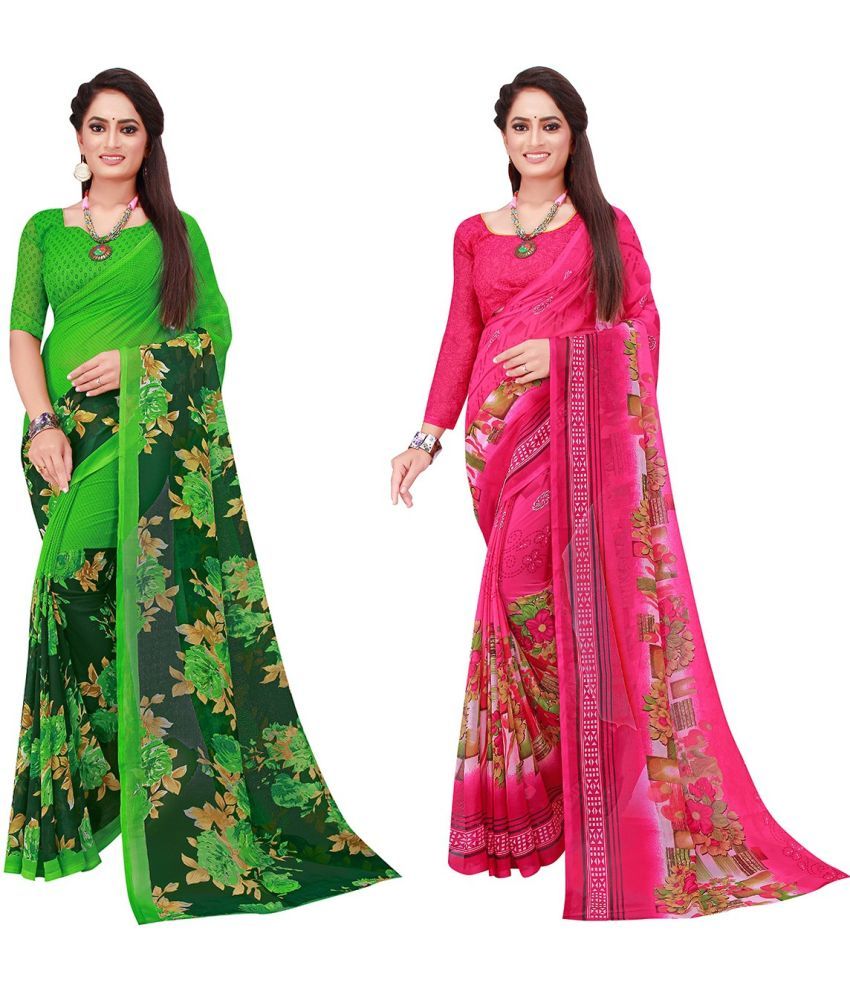     			Vkaran Cotton Silk Printed Saree With Blouse Piece - Multicolor ( Pack of 2 )