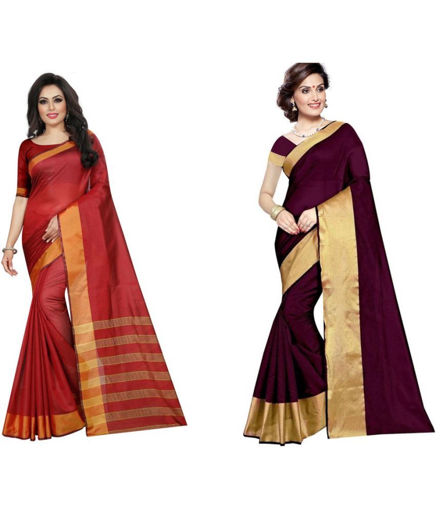     			Vkaran Cotton Silk Printed Saree With Blouse Piece - Multicolor ( Pack of 2 )