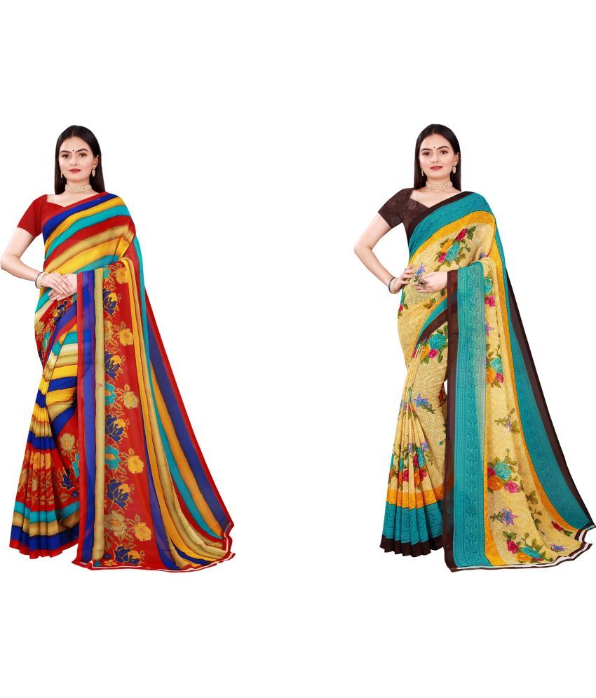     			Vkaran Cotton Silk Printed Saree With Blouse Piece - Multicolor ( Pack of 2 )