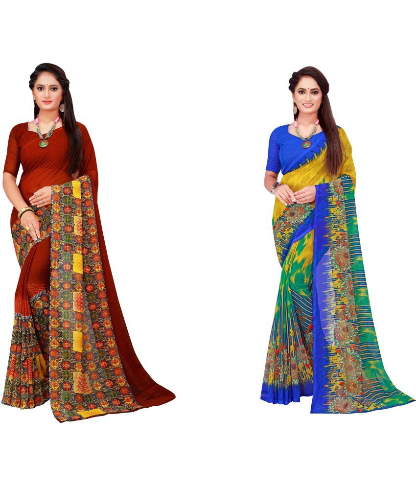     			Vkaran Cotton Silk Printed Saree With Blouse Piece - Multicolor ( Pack of 2 )