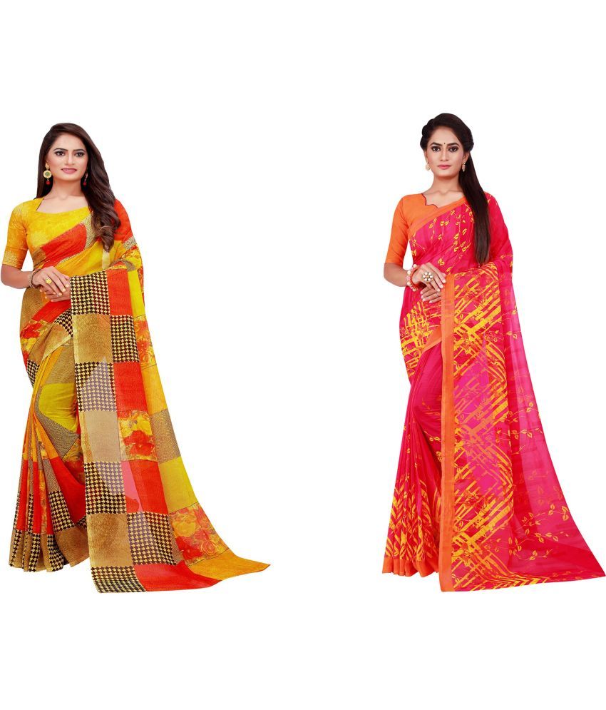     			Vkaran Cotton Silk Printed Saree With Blouse Piece - Multicolor ( Pack of 2 )