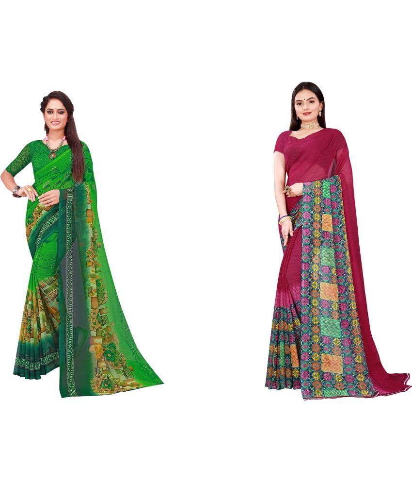     			Vkaran Cotton Silk Printed Saree With Blouse Piece - Multicolor ( Pack of 2 )