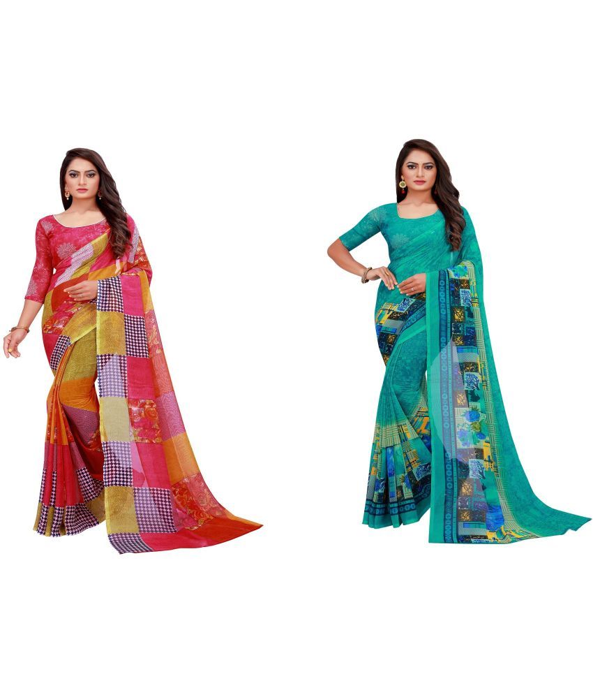     			Vkaran Cotton Silk Printed Saree With Blouse Piece - Multicolor ( Pack of 2 )