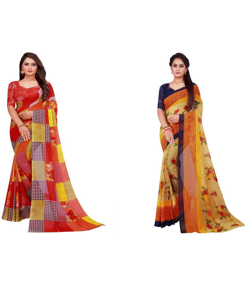     			Vkaran Cotton Silk Printed Saree With Blouse Piece - Multicolor ( Pack of 2 )