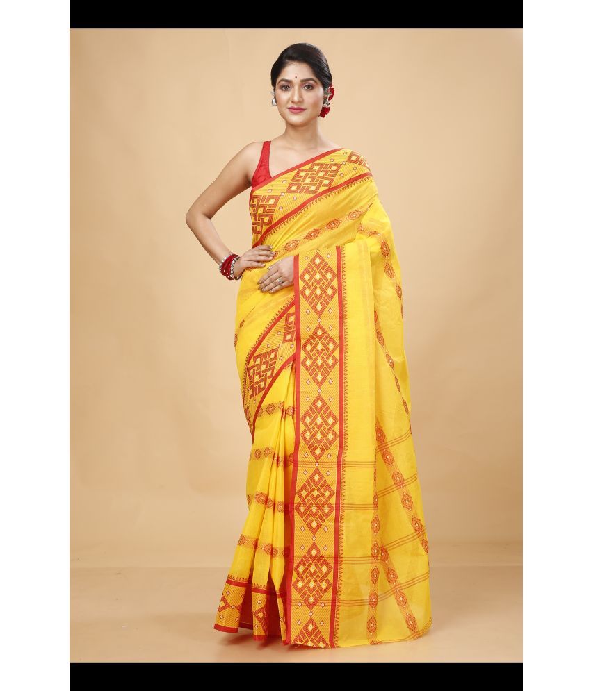     			Happy Creation Cotton Woven Saree Without Blouse Piece - Yellow ( Pack of 1 )