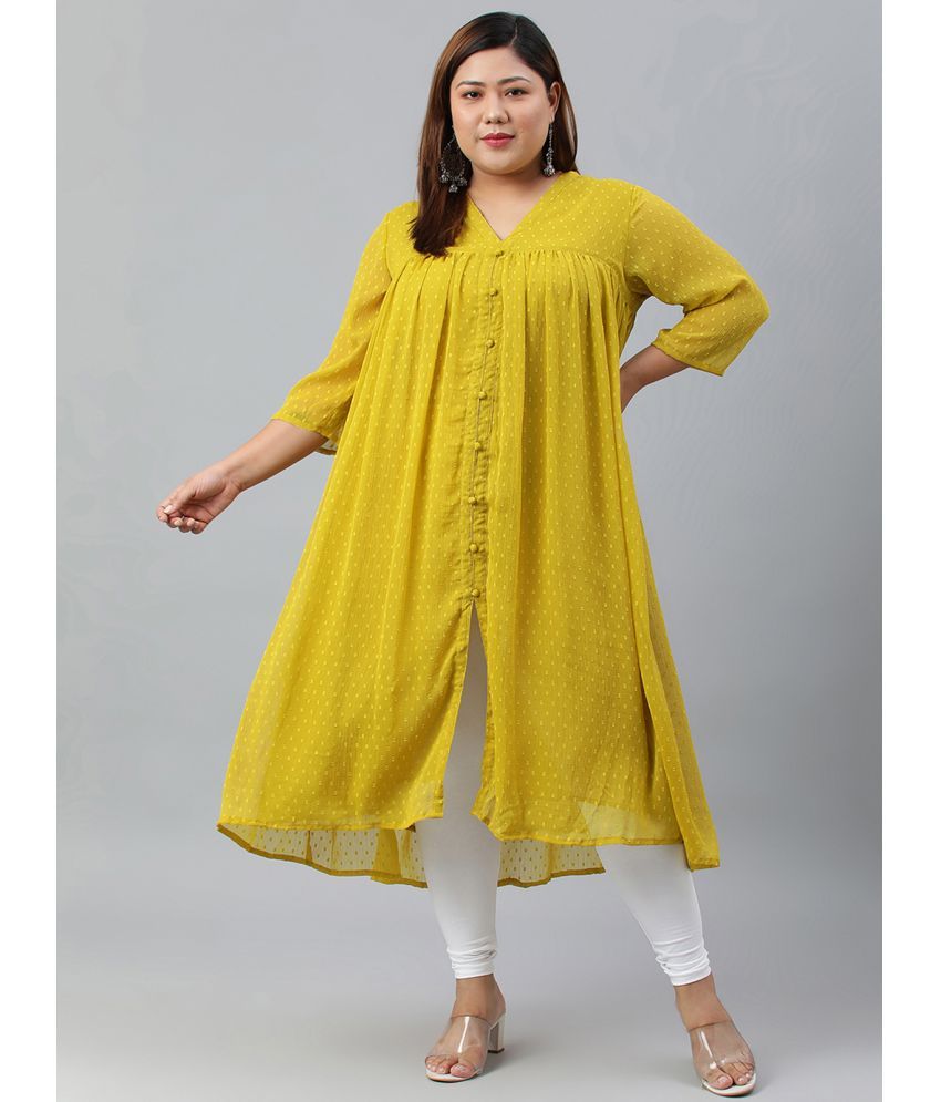     			Janasya Chiffon Self Design Flared Women's Kurti - Mustard ( Pack of 1 )