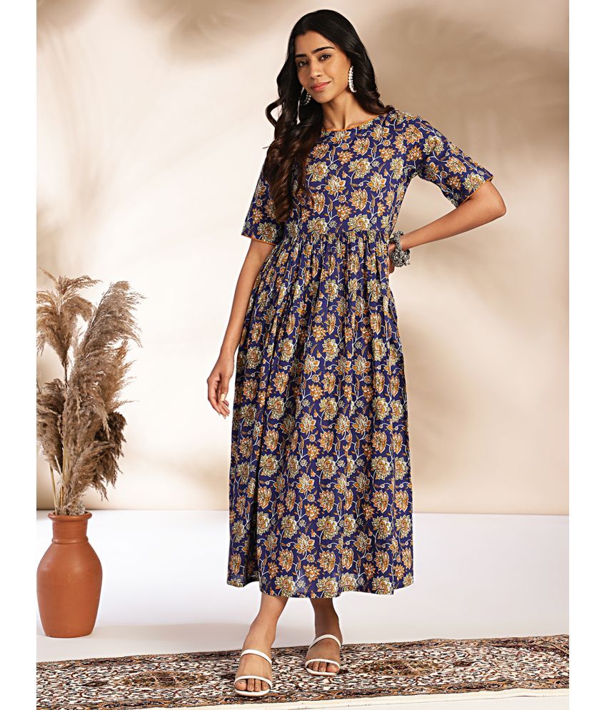     			Janasya Cotton Printed Ankle Length Women's A-line Dress - Blue ( Pack of 1 )