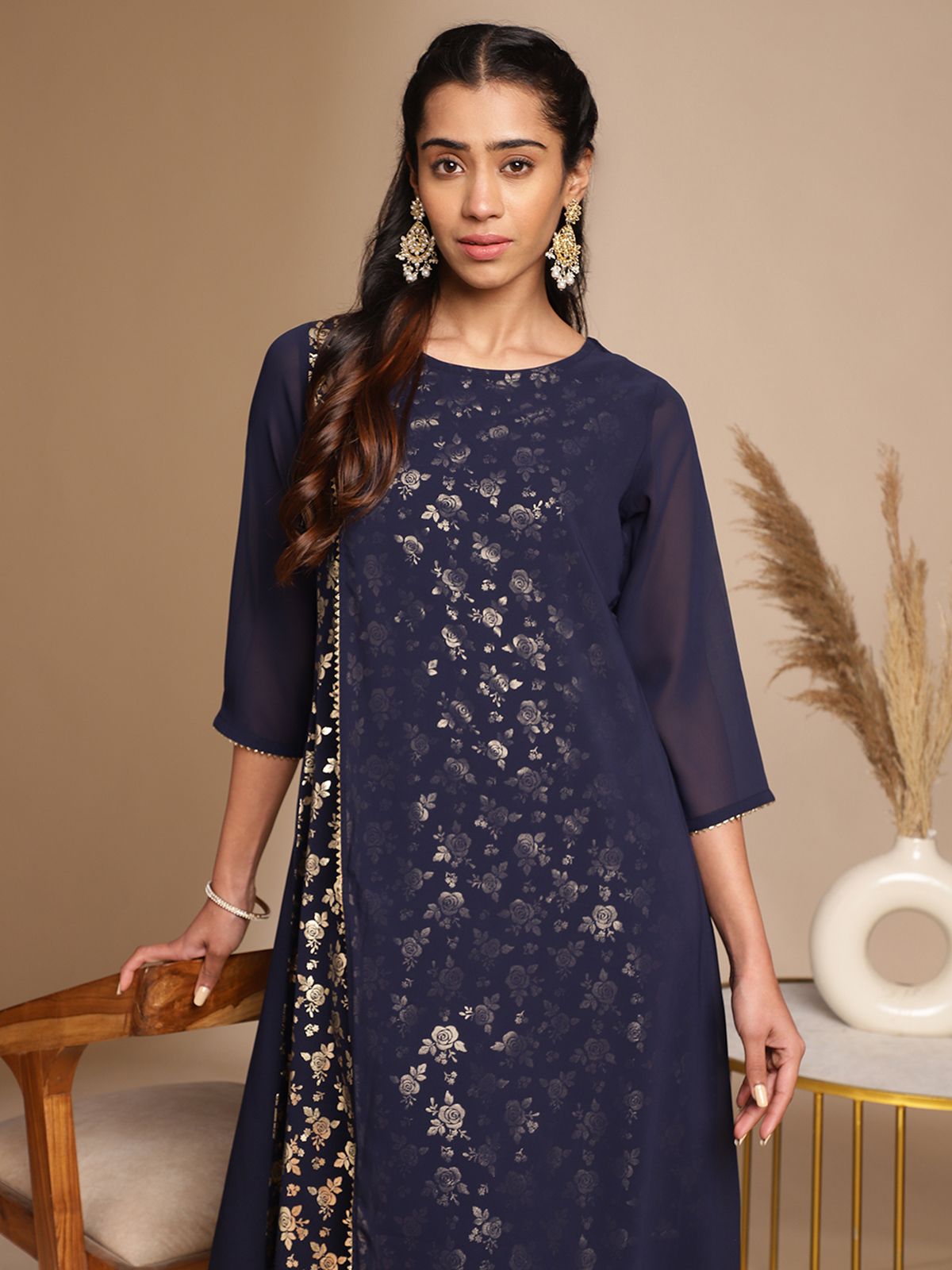     			Janasya Crepe Printed A-line Women's Kurti - Navy Blue ( Pack of 1 )