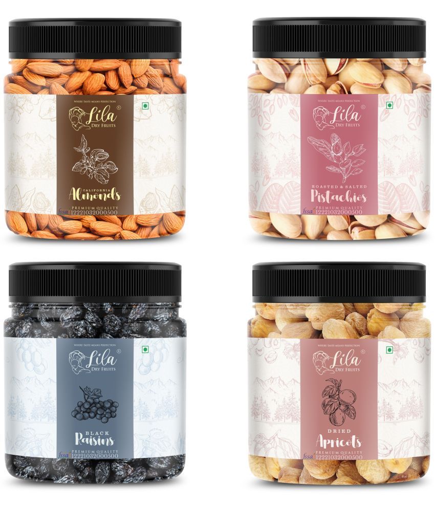     			Lila Dry Fruits Almond(250gm), Salted Pista (250gm), Black Raisin (250gm) & Apricots(250 gm)