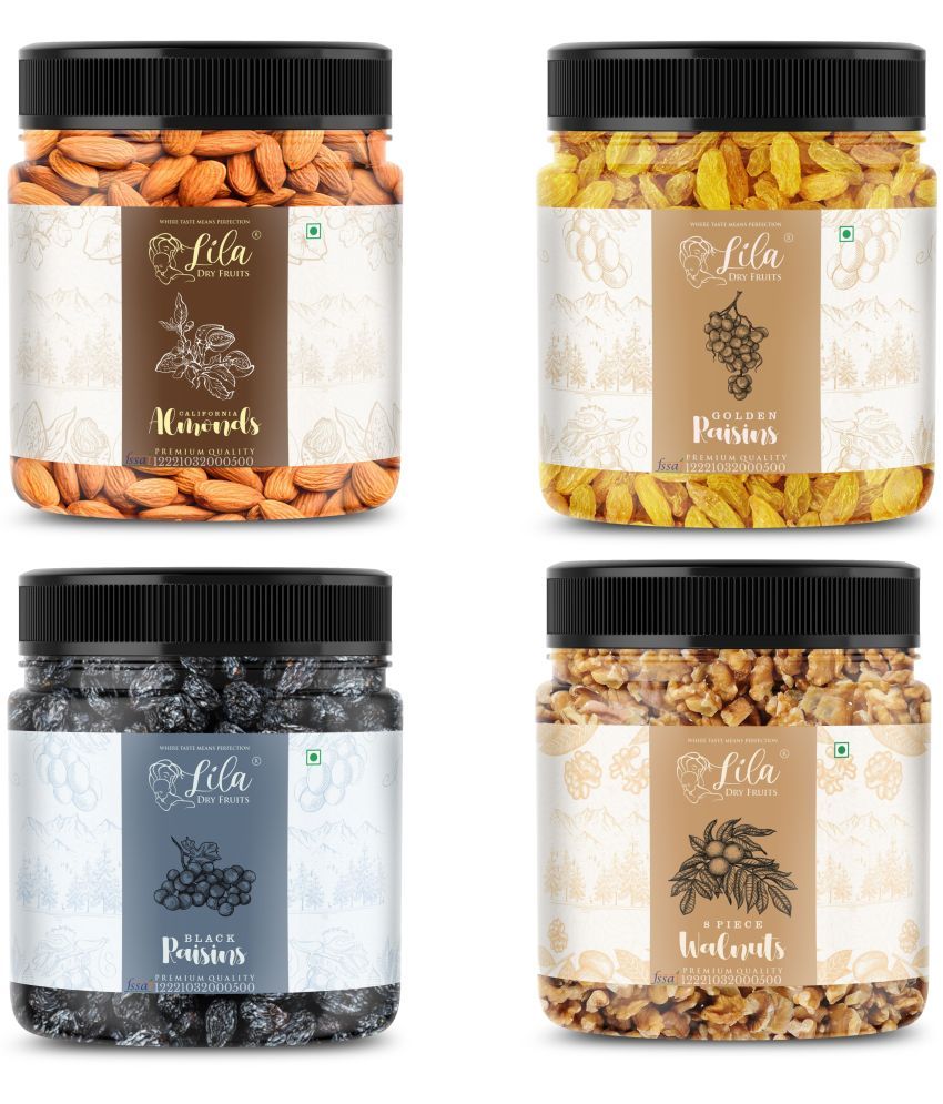     			Lila Dry Fruits Almond(100gm), Walnuts(100gm), Green Raisins(100gm) & Black Raisins(100 gm)