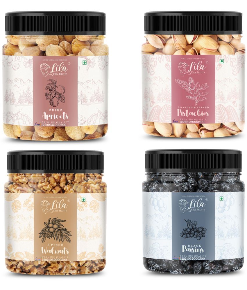     			Lila Dry Fruits Pistachios(100gm), Walnut(100gm), Black Raisin(100gm), Apricots(100gm) Combo