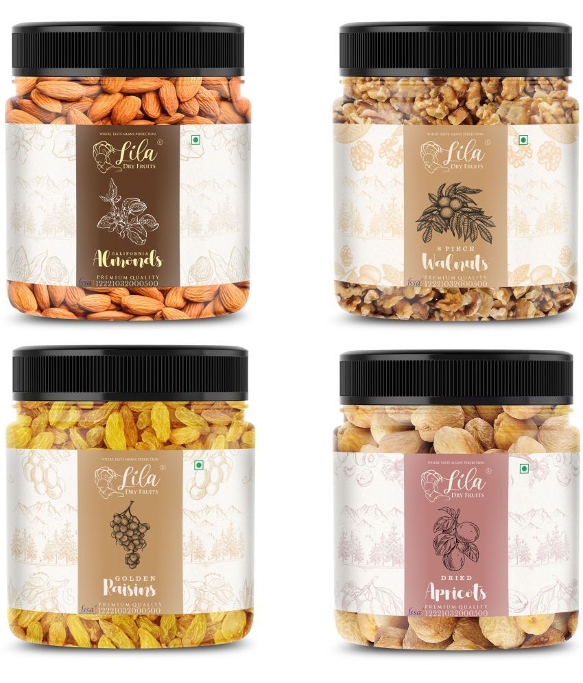     			Lila Dry Fruits Almond(250gm), Walnuts(250gm), Green Raisins (250gm) & Apricots(250 gm)