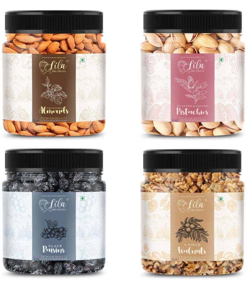     			Lila Dry Fruits Almond(100gm), Salted Pista (100gm), Walnuts (100gm) & Black Raisin(100 gm)