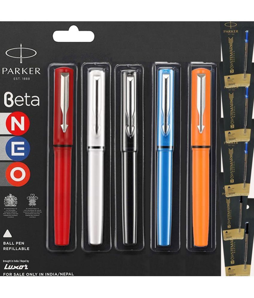     			Parker Beta Neo Ball Pen Orange, Red, White, Blue & Black With 5 Systemark Refill Blue