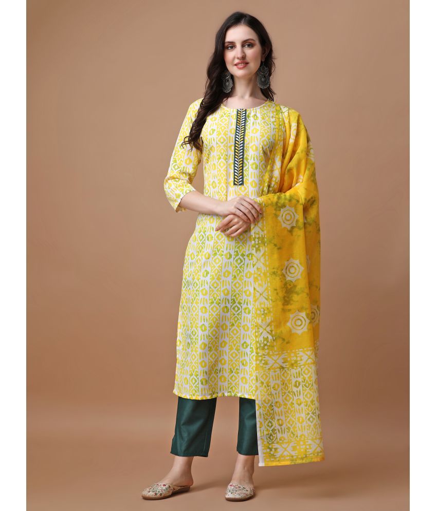     			TRAHIMAM Cotton Printed Kurti With Pants Women's Stitched Salwar Suit - Yellow ( Pack of 1 )