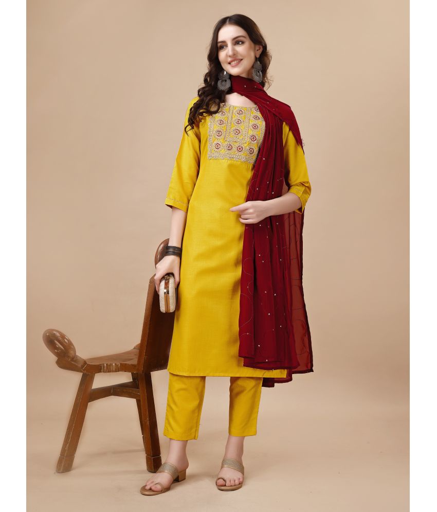     			TRAHIMAM Viscose Embroidered Kurti With Pants Women's Stitched Salwar Suit - Yellow ( Pack of 1 )