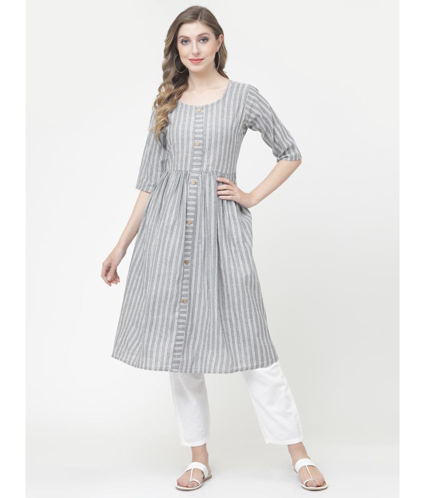     			VINHSCAPE Cotton Blend Striped Anarkali Women's Kurti - Grey ( Pack of 1 )