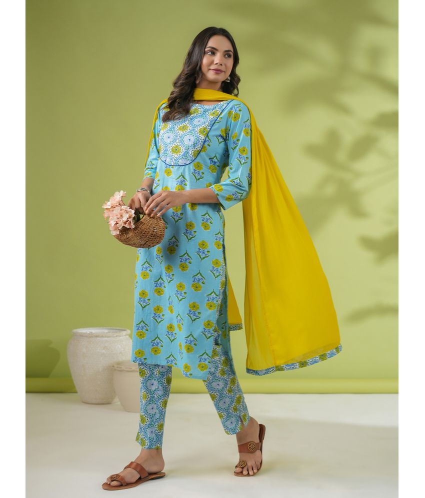     			Janasya Cotton Printed Kurti With Pants Women's Stitched Salwar Suit - Light Blue ( Pack of 1 )