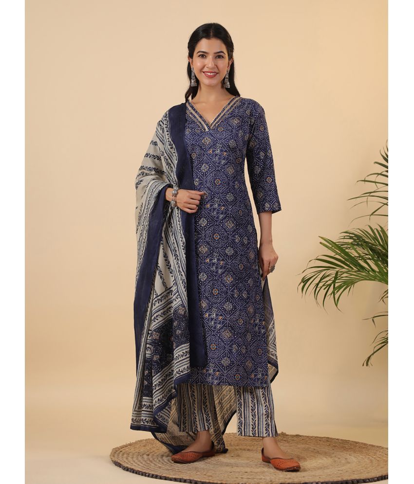     			Janasya Cotton Printed Kurti With Pants Women's Stitched Salwar Suit - Blue ( Pack of 1 )