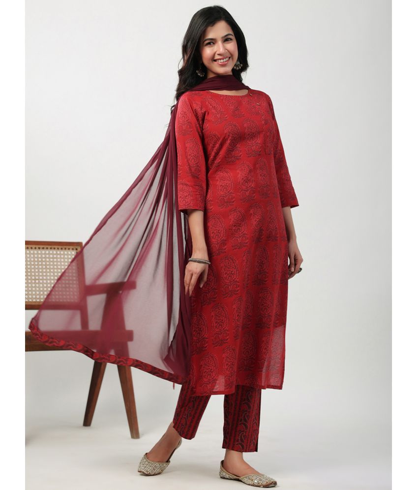     			Janasya Cotton Printed Kurti With Pants Women's Stitched Salwar Suit - Maroon ( Pack of 1 )