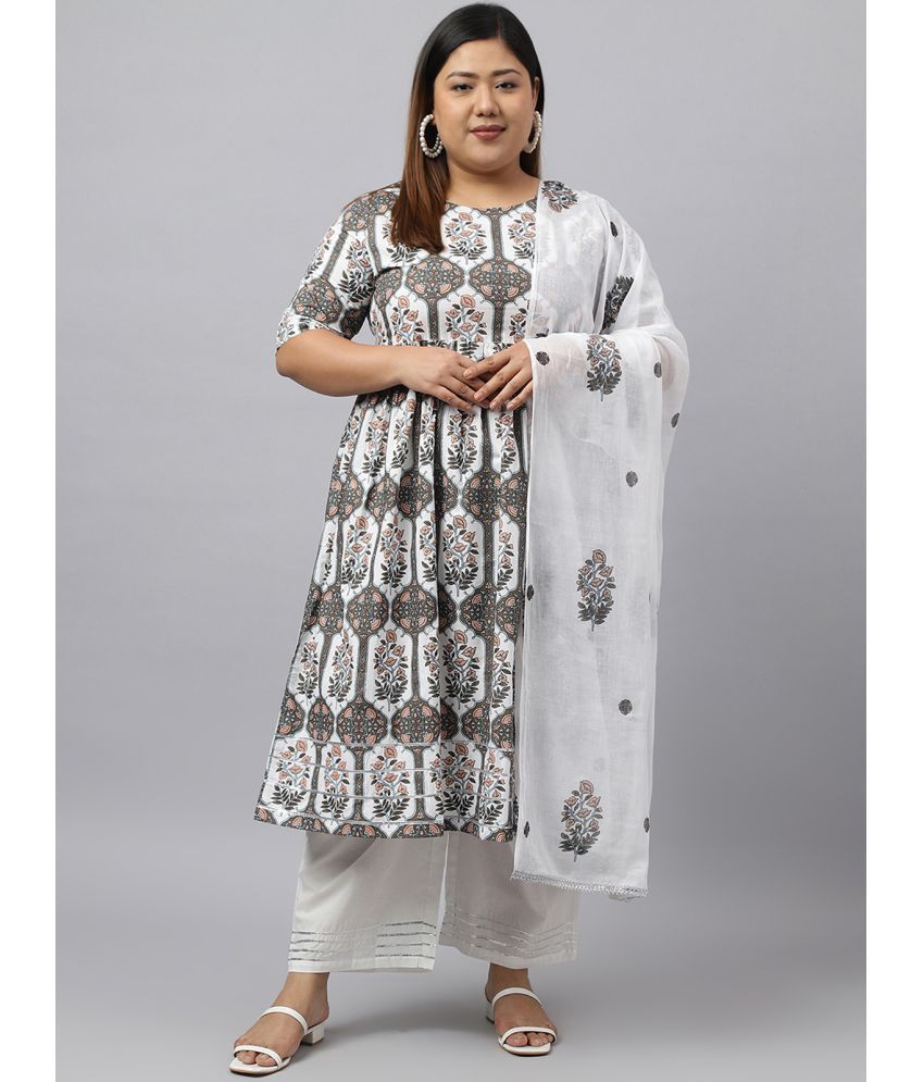     			Janasya Cotton Printed Kurti With Palazzo Women's Stitched Salwar Suit - White ( Pack of 1 )