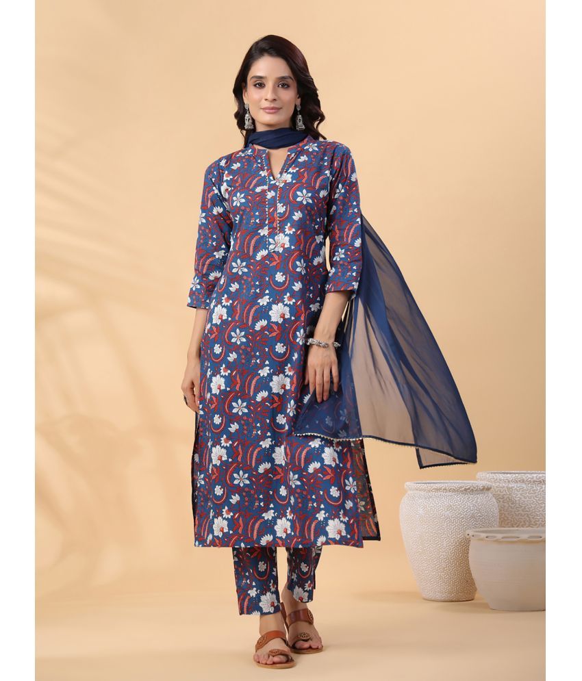     			Janasya Cotton Printed Kurti With Pants Women's Stitched Salwar Suit - Navy Blue ( Pack of 1 )