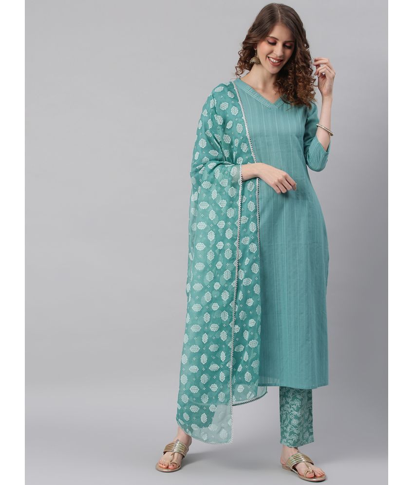     			Janasya Cotton Striped Kurti With Pants Women's Stitched Salwar Suit - Turquoise ( Pack of 1 )