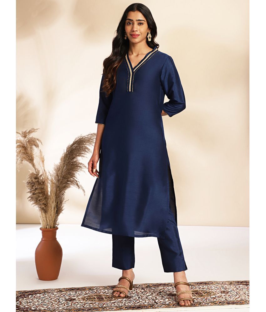     			Janasya Crepe Solid Kurti With Pants Women's Stitched Salwar Suit - Navy Blue ( Pack of 1 )