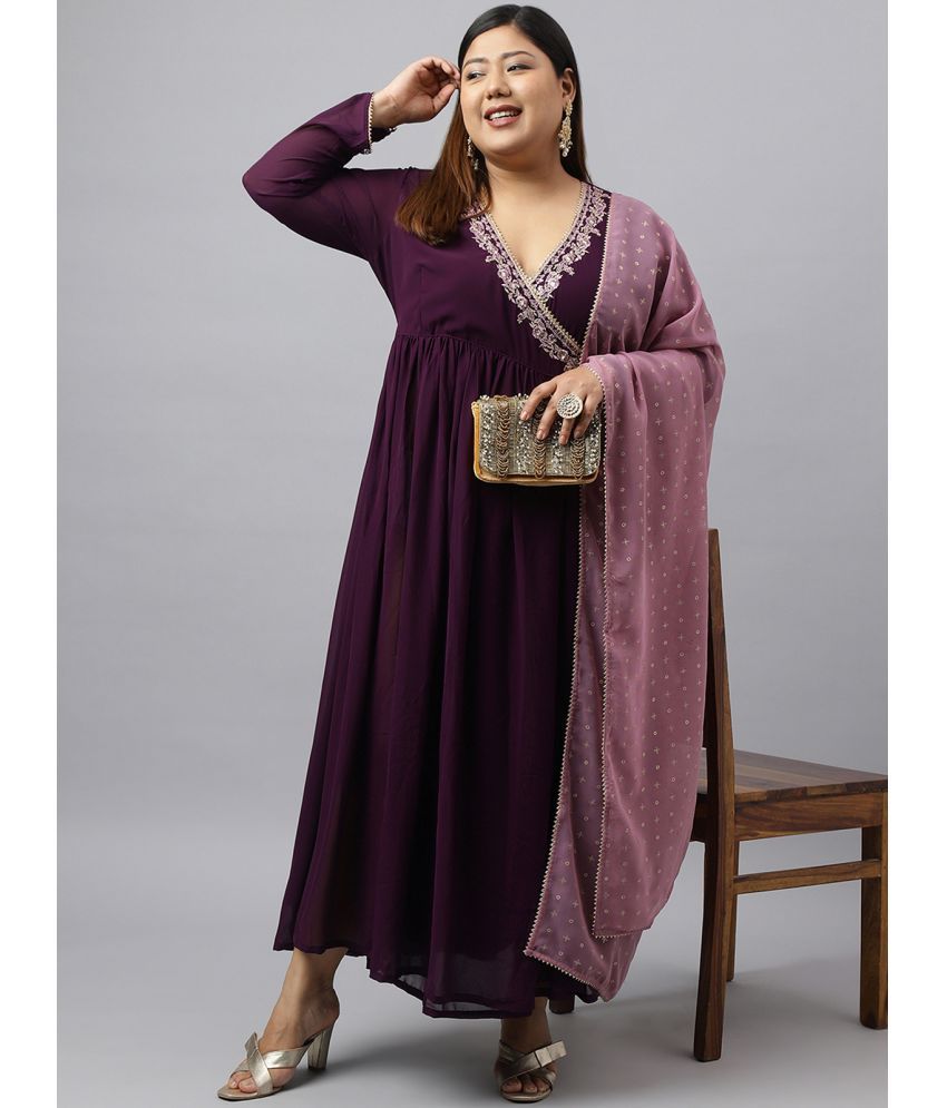     			Janasya Georgette Embroidered Angrakha Women's Kurti with Dupatta - Purple ( Pack of 1 )